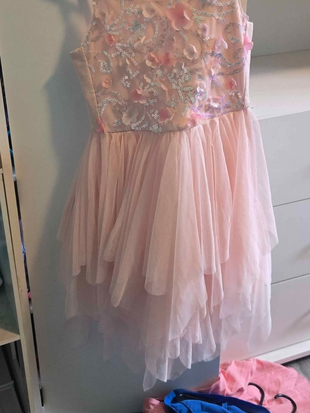 Girls Pink Floral Sequin Tulle Party Dress